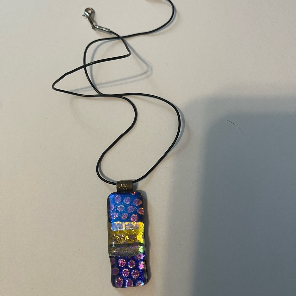 Hand Crafted Colorful Dichroic Fused Glass Pendant W/Chain Blue Yellow Pink